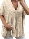 Full Size Sequin V-Neck Short Sleeve Top
