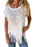 Studded Fringe Round Neck Cap Sleeve T-Shirt