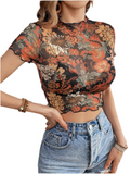 Floral Mesh Crop Top with Lettuce Trim