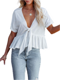 Tied Plunge Short Sleeve Blouse