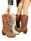 Western Cutout Pattern Block Heel Boots